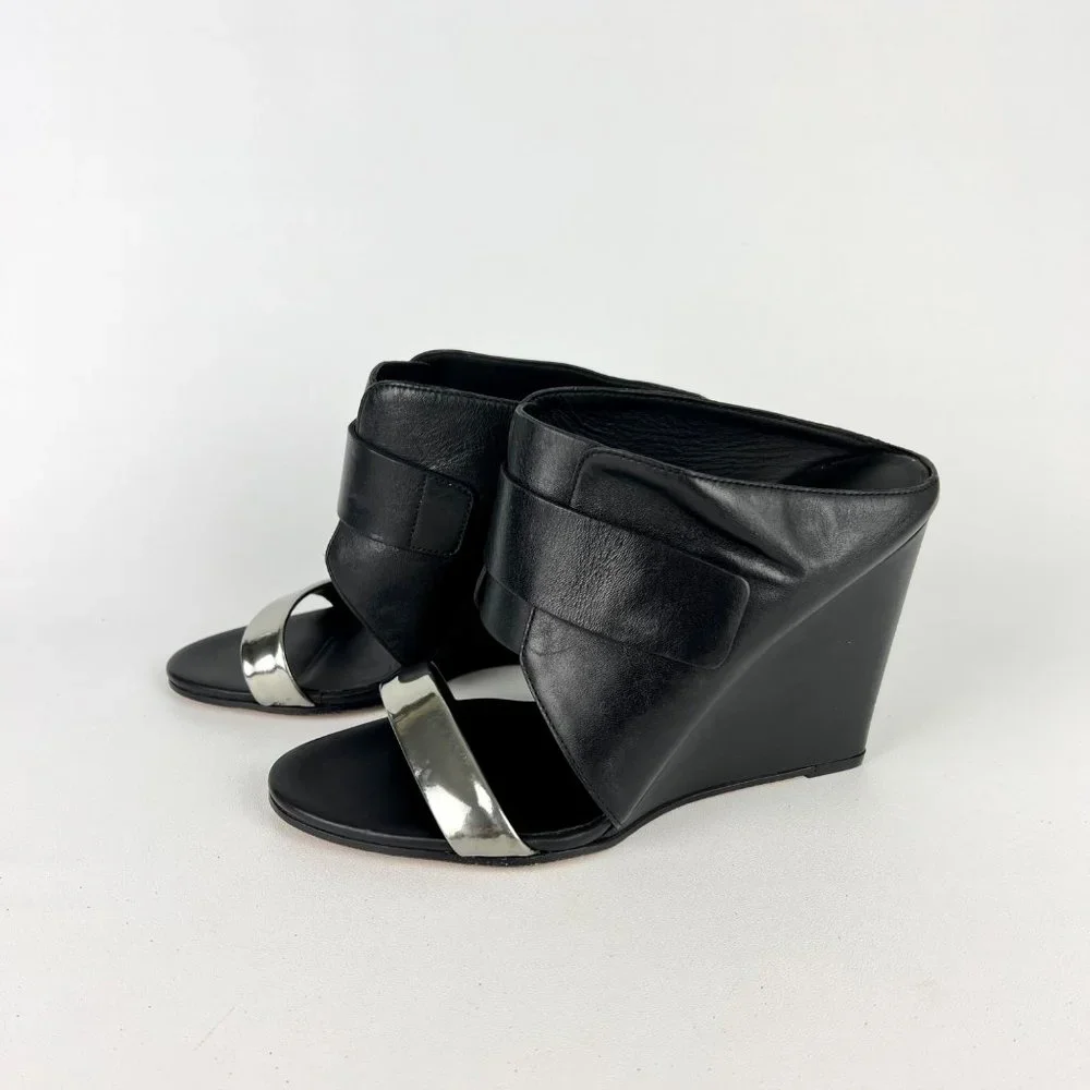 Vince Karima Wedge Mule Slide Sandals Black Leather Silver Detail size 8.5